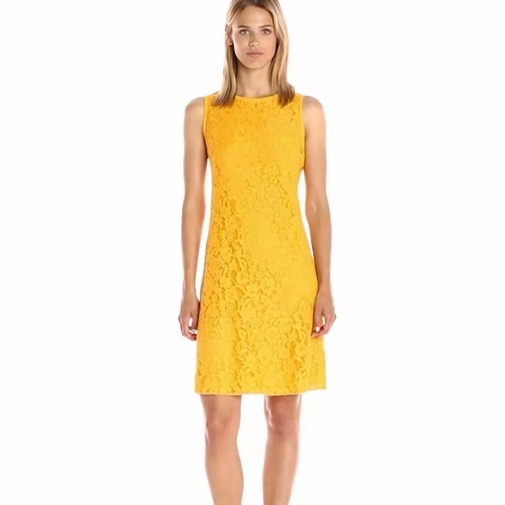 Nine West Lace Trapeze Sleeveless Dress Harvest Yellow
